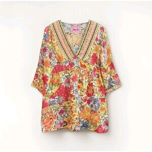 Johnny Was Sz. S Floral Embroidered V-Neck Rayon Babydoll Tunic Boho Swim Cover